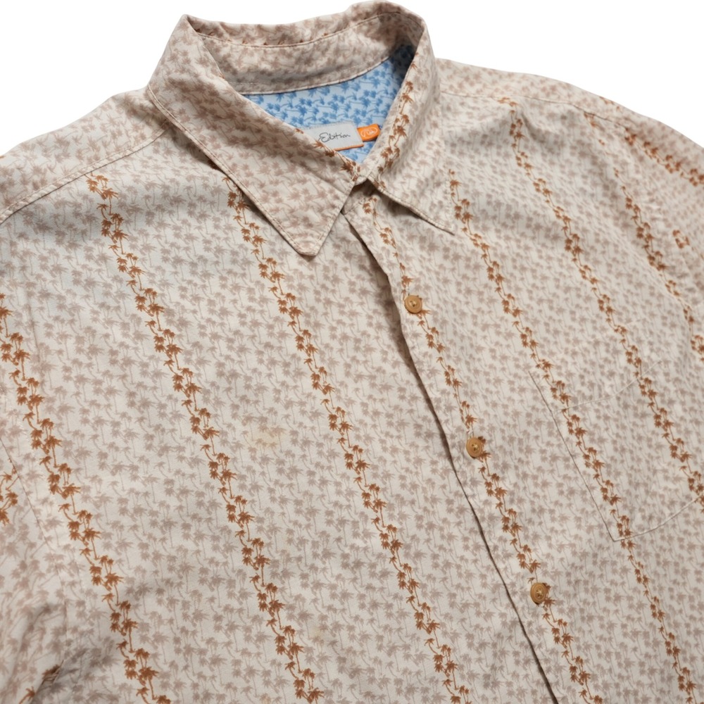 Quiksilver Edition Button Up Shirt Mens XL Tan Palm Tree Print Short Sleeve